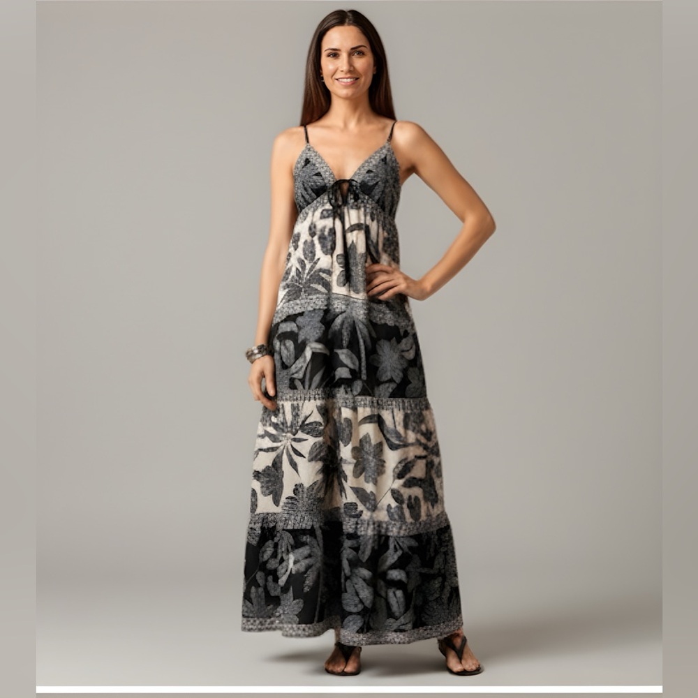 Boho Tropical Print Toucan & Coconut Tree Cami Dress Black/Beige